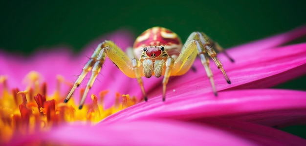 Een spin zit op een bloem met een roze bloem op de achtergrond.