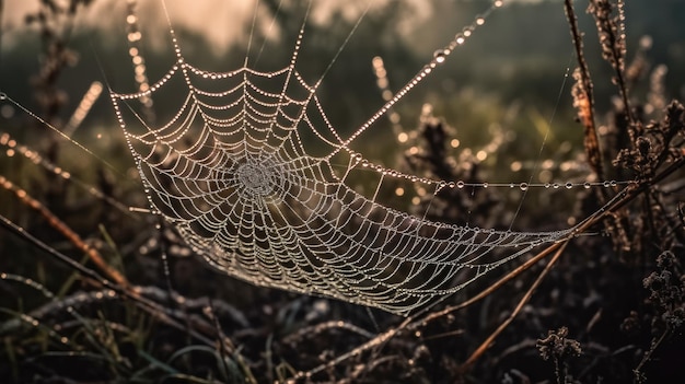 Een spinnenweb met dauwdruppels erop