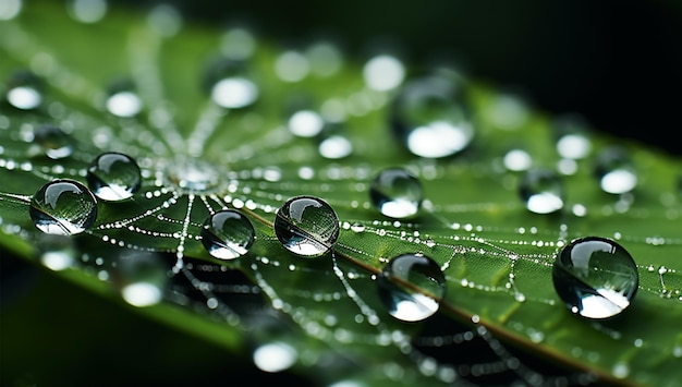 een spinnenweb met waterdruppels erop en een blad met waterdruppels