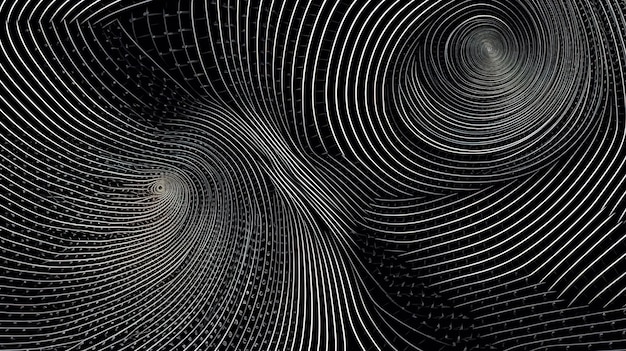 Een spiraalpatroon met lijnen en cirkels op een zwarte achtergrond