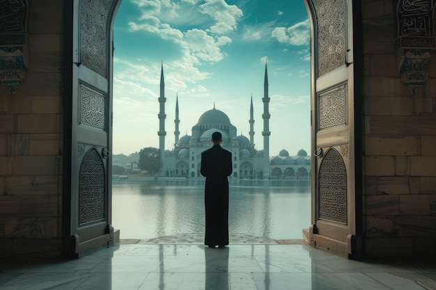 Een spirituele man die in gebed staat en naar een moskee kijkt