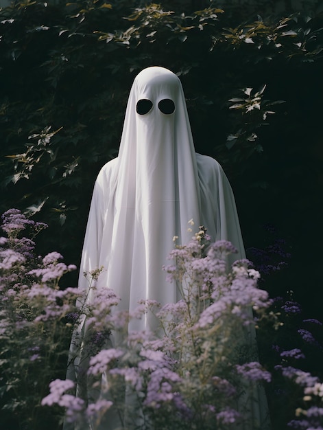 een spook met een masker op staat naast bloemen