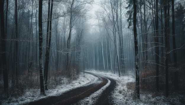 Een spookachtig bos in de winter met een mysterieus verdwijnpunt gegenereerd door kunstmatige intelligentie