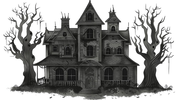 Foto een spookachtig huis met een donkere en stormachtige nacht het huis is omringd door dode bomen