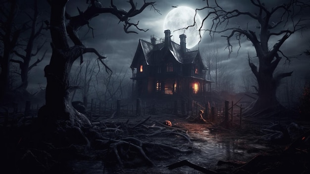 Een spookachtig huis omringd door dode bomen en een spoo