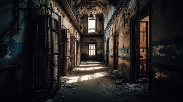 Een spookachtig lege gevangenis.