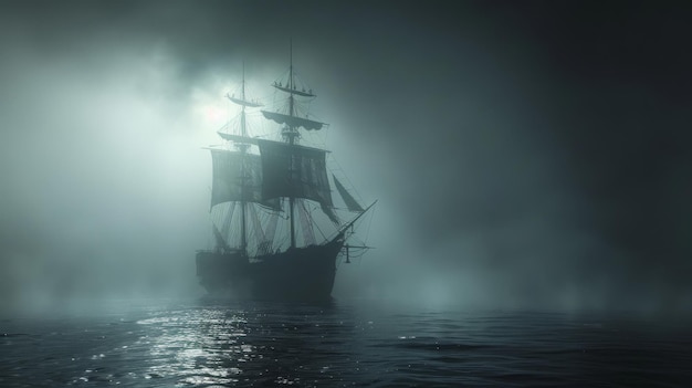 Een spookachtig piratenschip verdwijnt in de mist. Legende zeilt.