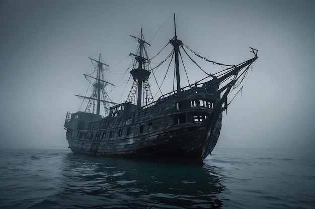 Een spookachtig schip dat uit de mistige zee ontstaat.