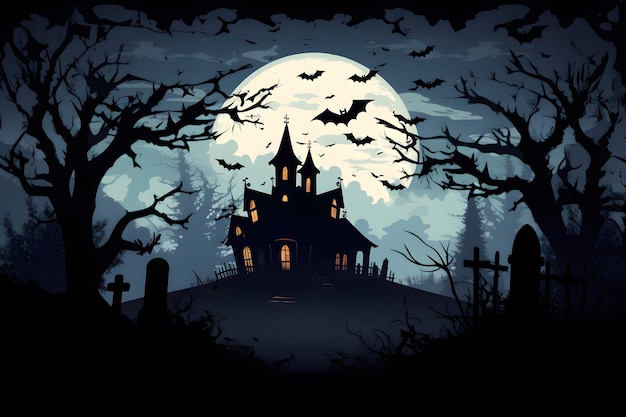 Een spookachtig spookhuis met vleermuizen en een volle maan.