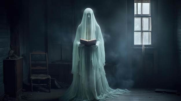 Een spookachtige figuur glijdt langs de grote trap en geeft de verlaten bibliotheek een angstaanjagende touch.