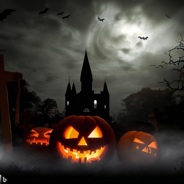 Een spookachtige Halloween scène met een spookkasteel jackolanterns en een kerkhof