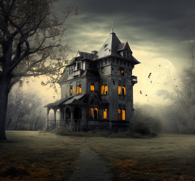 Een spookhuis met de lichten aan