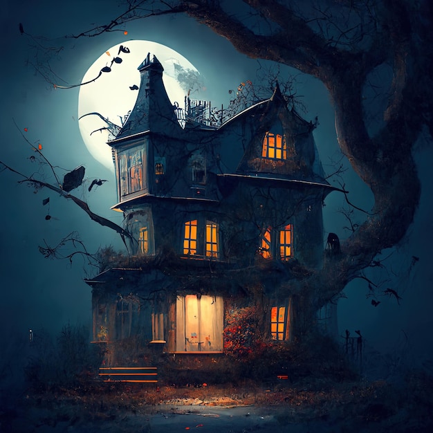 Een spookhuis met een boom op de achtergrond