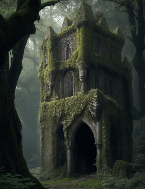 Een spooky spookkasteel ergens in donkere middeleeuwse bossen halloween thema kasteel generatieve ai
