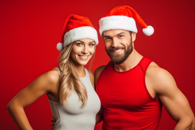 Een sportief stel met een kerstman-kerstmuts, een nieuwjaarsresolutie, een gezonde levensstijl voor de vakantie