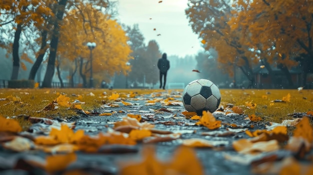 Een sportieve atletische man traint voor een wedstrijd schopt een voetbal op het veld Kopieer ruimte