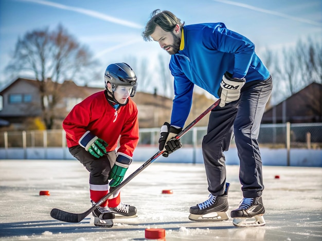 Foto een sportman die bandy leert