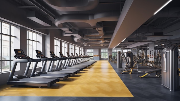 Een sportschool met een gele vloer en een loopband waarop een man zit.