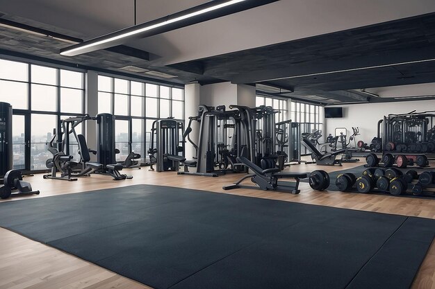 Een sportschool met veel machines en gewichten op de vloer.