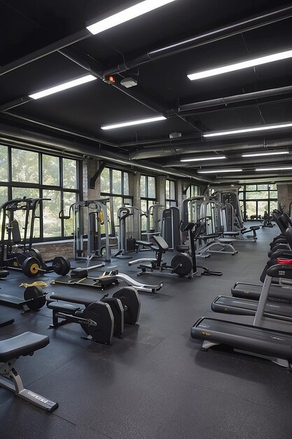Een sportschool met veel machines en gewichten op de vloer.