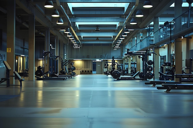 Een sportschool met veel machines en lichten op het plafond en een paar mensen in het sportschoolgebied een helling