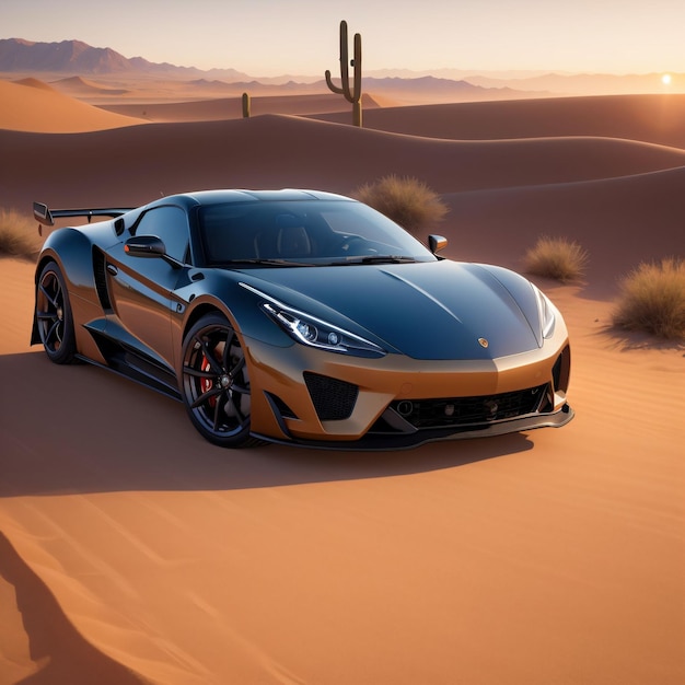 Een sportwagen rijdt op een woestijnweg met een cactus op de achtergrond