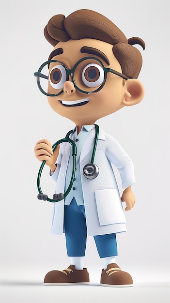 Een spotprentachtige jonge man in een witte labjas met een bril en een stethoscoop