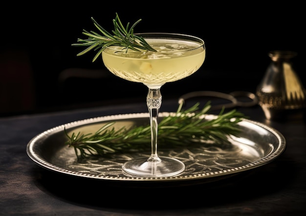 Een sprankelende French 75-cocktail met een garnituur van verse rozemarijn die een gevoel van botanische schoonheid oproept