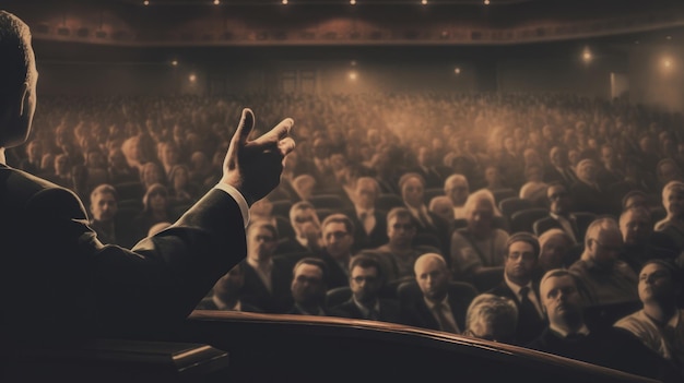 Een spreker die een lezing geeft voor een publiek in een auditorium of zaal. Een seminar. Met de hand bewerkt