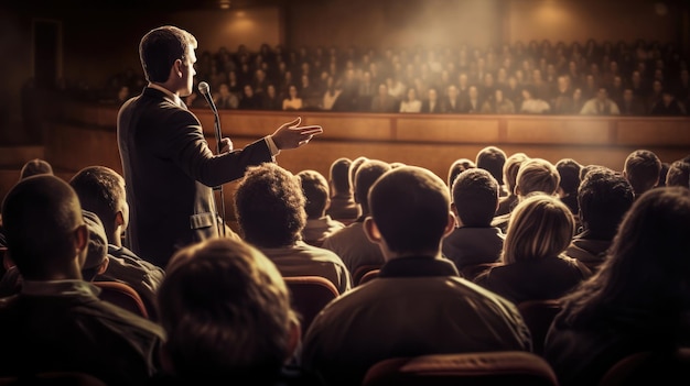 Een spreker die een lezing geeft voor een publiek in een auditorium of zaal. Een seminar. Met de hand bewerkt
