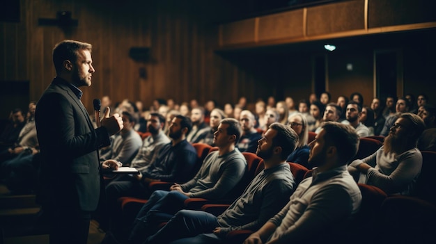 Een spreker die een lezing geeft voor een publiek in een auditorium of zaal. Een seminar
