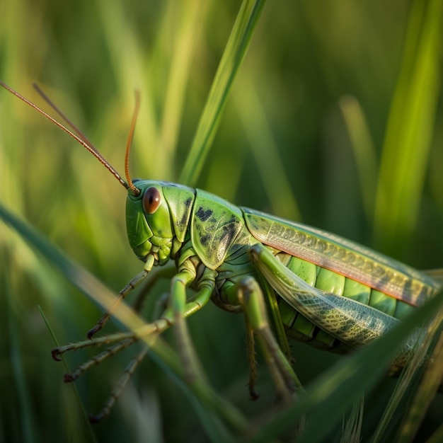 Een sprinkhaan met rode ogen zit in het gras.