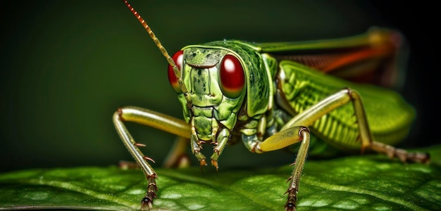 Een sprinkhaan zit op een blad in de tuin