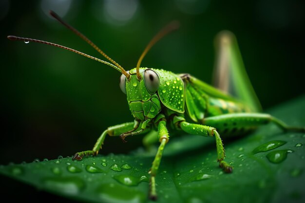 Een sprinkhaan zit op een groen blad met het woord gras erop