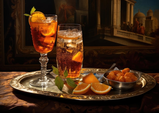 Een Spritz Veneziano-cocktail gepresenteerd op een antiek Venetiaans dienblad, dat een gevoel van geschiedenis toevoegt