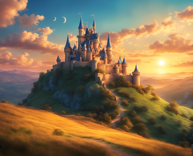 Een sprookjesachtig middeleeuws kasteel op een hoge heuvel omringd door een natuurlijk landschap