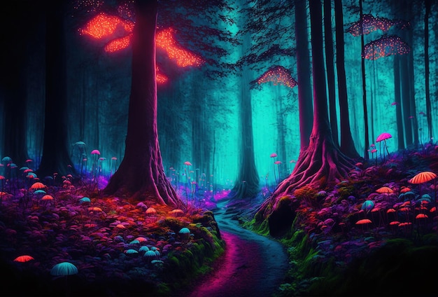 Een sprookjesbos een surrealistisch mystiek landschap De donkere bomen worden verlicht door veelkleurig psychedelisch neonlicht Een mysterieus pad door het struikgewas 3D-rendering AI gegenereerd