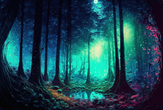 Een sprookjesbos een surrealistisch mystiek landschap De donkere bomen worden verlicht door veelkleurig psychedelisch neonlicht Een mysterieus pad door het struikgewas 3D-rendering AI gegenereerd