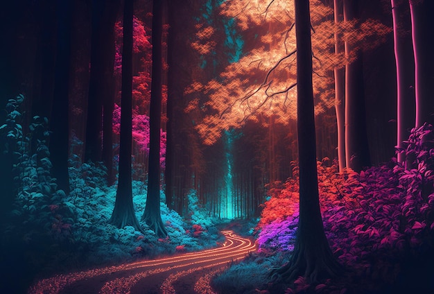 Een sprookjesbos een surrealistisch mystiek landschap De donkere bomen worden verlicht door veelkleurig psychedelisch neonlicht Een mysterieus pad door het struikgewas 3D-rendering AI gegenereerd