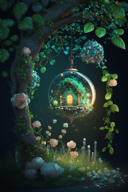 Een sprookjeshuis in een glazen bol met bloemen en een boom in het midden.