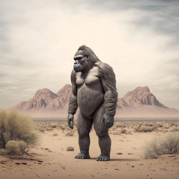 Een staande gorilla in een woestijnlandschap