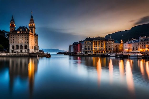 Een stad aan het water bij nacht