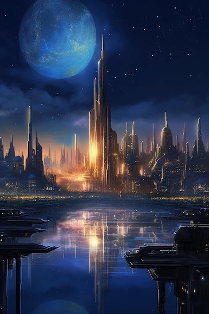 Een stad aan het water met een blauwe planeet op de achtergrond.