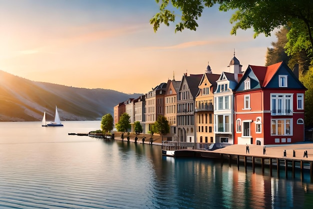 een stad aan het water met op de achtergrond een zeilboot