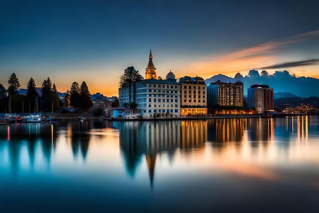 een stad bij de rivier bij zonsondergang