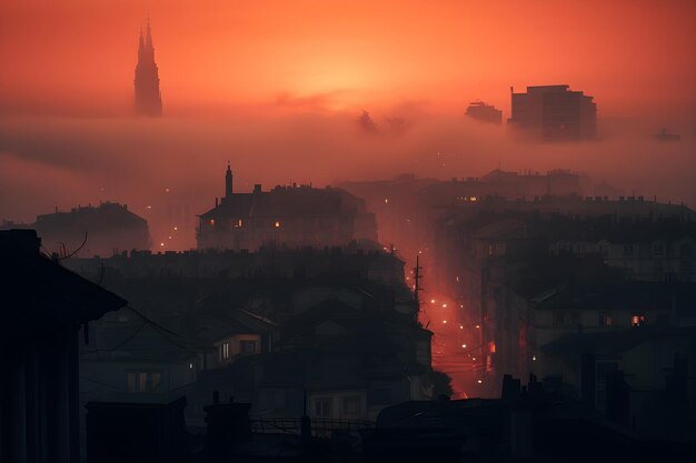 Een stad in de mist met daarachter de ondergaande zon