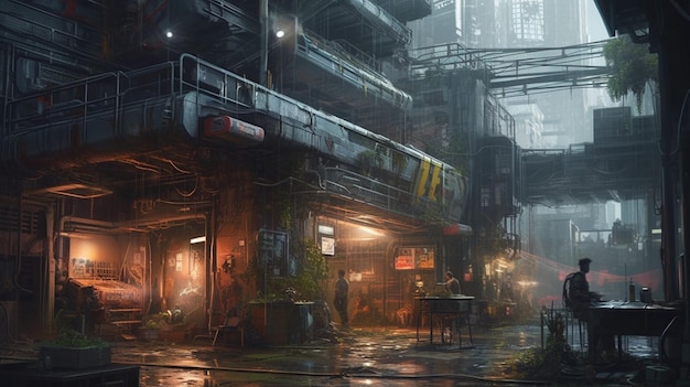 Een stad in de regen met een bord 'cyberpunk'