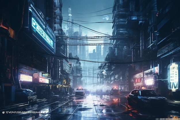 Een stad in de regen met een bord waarop cyberpunk staat.