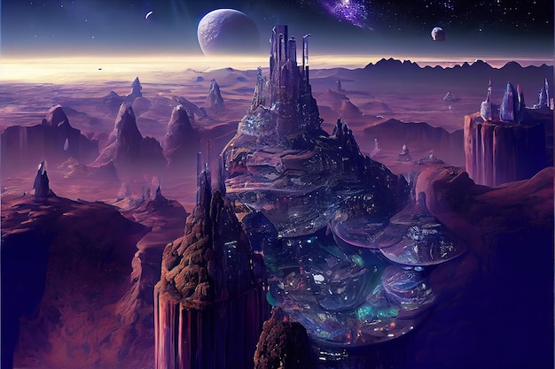 Een stad in de woestijn met planeten op de achtergrond.