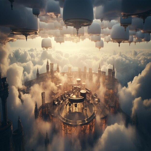 Foto een stad in de wolken met een stad op de achtergrond